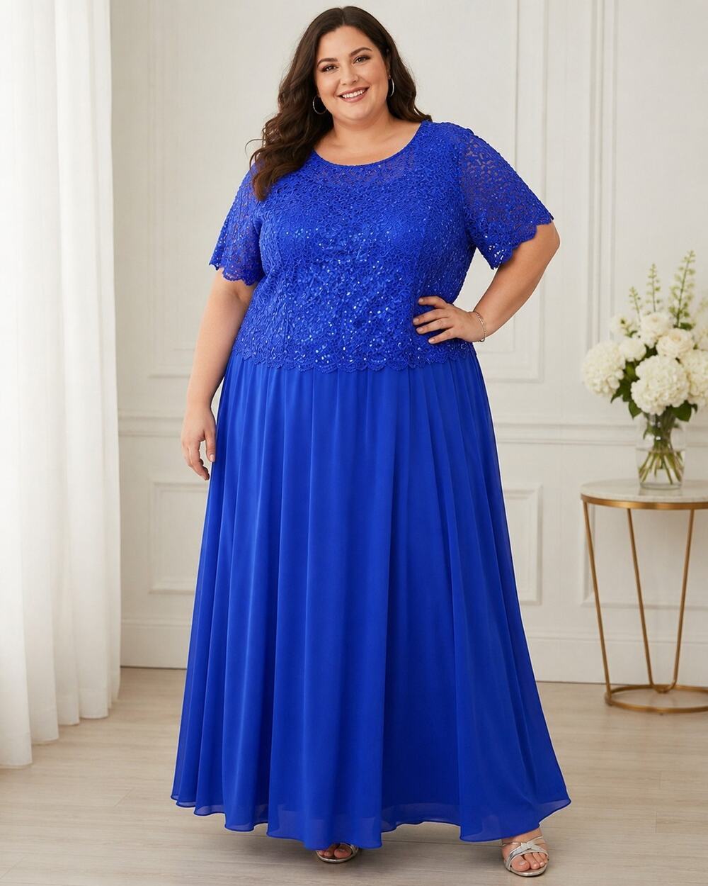 Roaman's Women's 44W Royal Blue Sequin Lace Maxi Formal Evening Dress Plus Size
